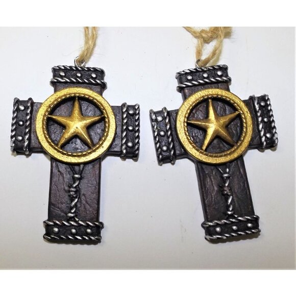 Set of two cross ornaments with sheriff star 3 x 2 inches - Picture 1 of 2